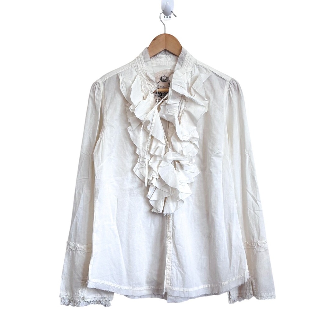 Cino Womens Renaissance Poet Ruffle Collar Lace Trim Shirt Size M Cream Renfaire